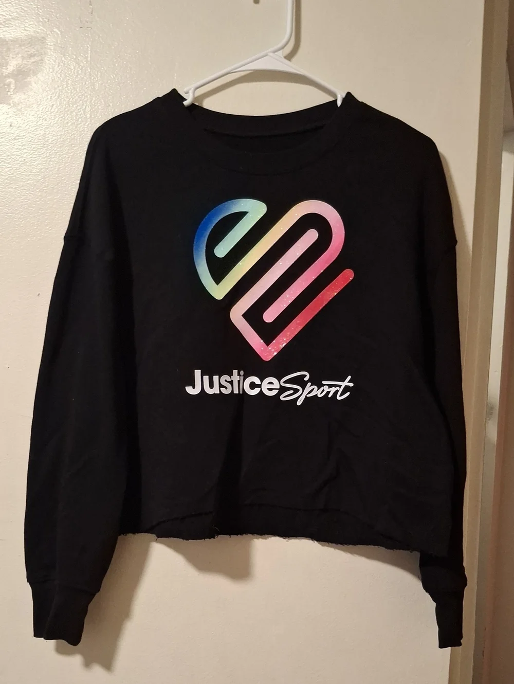 Justice Black Cropped Sweatshirt with Rainbow Gradient Heart